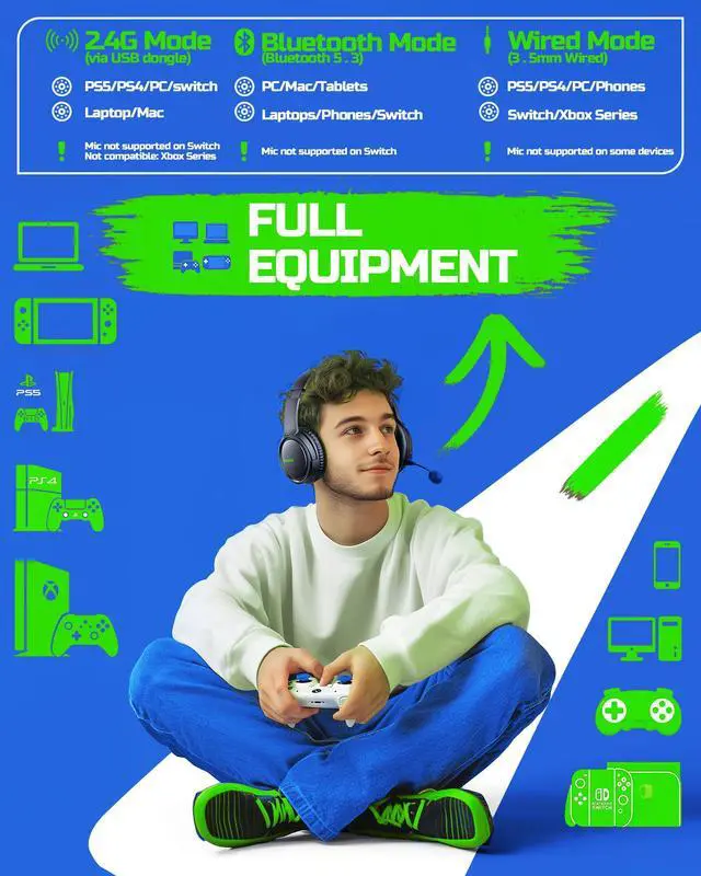 Alt view image 6 of 7 - Wireless Gaming Headset 2.4GHz Low-Latency USB Dongle + Bluetooth, 50mm Drivers 7.1 Surround, Noise-Cancelling Mic, 40H Battery Over Ear Wireless Headphones for PS5, PC, Laptop, Green