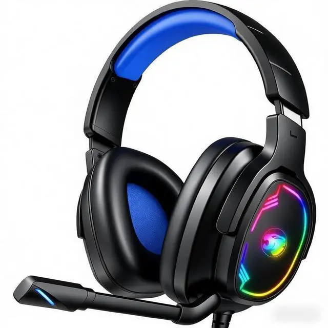 Main image of Gaming Headset with Microphone, 7.1 Surround Sound and Noise Canceling Over Ear Headphones for PC/PS4/PS5/Xbox Series/Switch, RGB Light and Soft Imitation Protein Earmuffs (Blue)