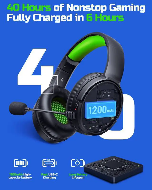 Alt view image 5 of 7 - Wireless Gaming Headset 2.4GHz Low-Latency USB Dongle + Bluetooth, 50mm Drivers 7.1 Surround, Noise-Cancelling Mic, 40H Battery Over Ear Wireless Headphones for PS5, PC, Laptop, Green
