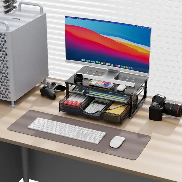 Alt view image 2 of 7 - Computer Monitor Stand Riser, Desk Organizers and Accessories with Drawer, Office Desk Accessories & Workspace Desktop Organizers Storage for Printer Stand (Black)