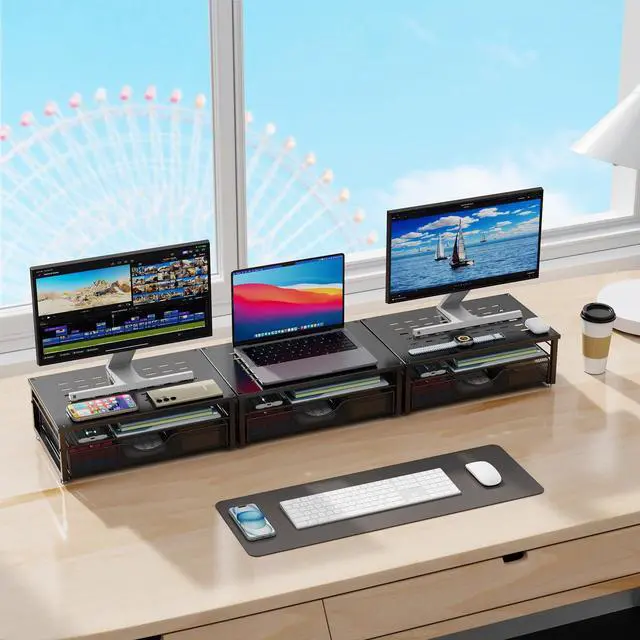 Alt view image 6 of 7 - Computer Monitor Stand Riser, Desk Organizers and Accessories with Drawer, Office Desk Accessories & Workspace Desktop Organizers Storage for Printer Stand (Black)