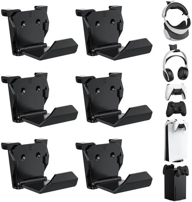 Main image of 6 Pack Controller Wall Mount Universal Game Controller Holder for PS5, Xbox, Switch Adhesive or Screw Installation Headset & Controller Storage Hook (Black)
