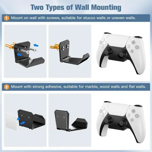 Alt view image 3 of 6 - 6 Pack Controller Wall Mount Universal Game Controller Holder for PS5, Xbox, Switch Adhesive or Screw Installation Headset & Controller Storage Hook (Black)