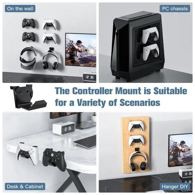 Alt view image 6 of 6 - 6 Pack Controller Wall Mount Universal Game Controller Holder for PS5, Xbox, Switch Adhesive or Screw Installation Headset & Controller Storage Hook (Black)