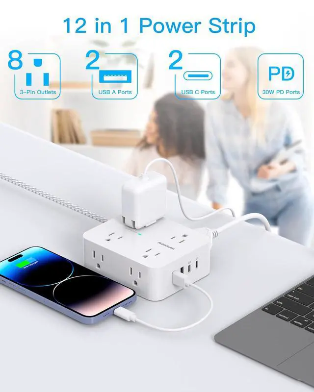 Alt view image 2 of 7 - PD 30W USB C Power Strip Surge Protecor, HANYCONY 8 Outlets 4 USB(2 USB C Ports), 1080J Desk Charging Station for Multiple Devices, 6 Ft Flat Plug Extension Cord for College Dorm Room Essentials