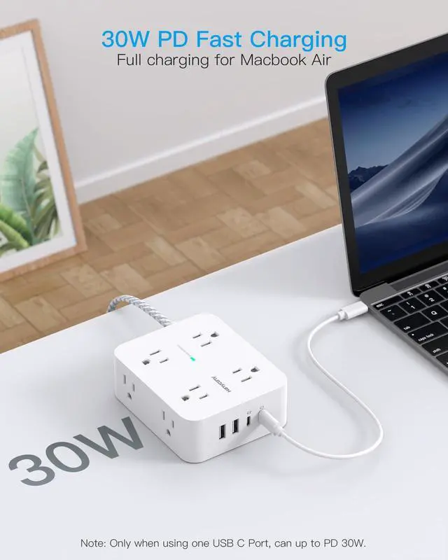 Alt view image 3 of 7 - PD 30W USB C Power Strip Surge Protecor, HANYCONY 8 Outlets 4 USB(2 USB C Ports), 1080J Desk Charging Station for Multiple Devices, 6 Ft Flat Plug Extension Cord for College Dorm Room Essentials