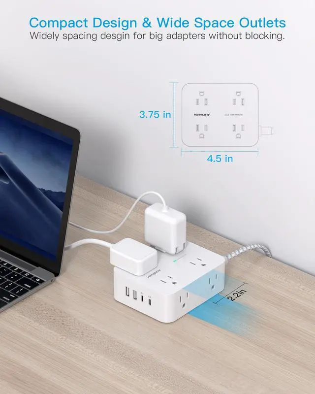 Alt view image 6 of 7 - PD 30W USB C Power Strip Surge Protecor, HANYCONY 8 Outlets 4 USB(2 USB C Ports), 1080J Desk Charging Station for Multiple Devices, 6 Ft Flat Plug Extension Cord for College Dorm Room Essentials