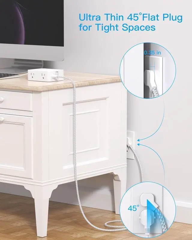 Alt view image 4 of 7 - PD 30W USB C Power Strip Surge Protecor, HANYCONY 8 Outlets 4 USB(2 USB C Ports), 1080J Desk Charging Station for Multiple Devices, 6 Ft Flat Plug Extension Cord for College Dorm Room Essentials