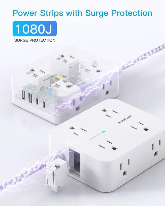 Alt view image 5 of 7 - PD 30W USB C Power Strip Surge Protecor, HANYCONY 8 Outlets 4 USB(2 USB C Ports), 1080J Desk Charging Station for Multiple Devices, 6 Ft Flat Plug Extension Cord for College Dorm Room Essentials