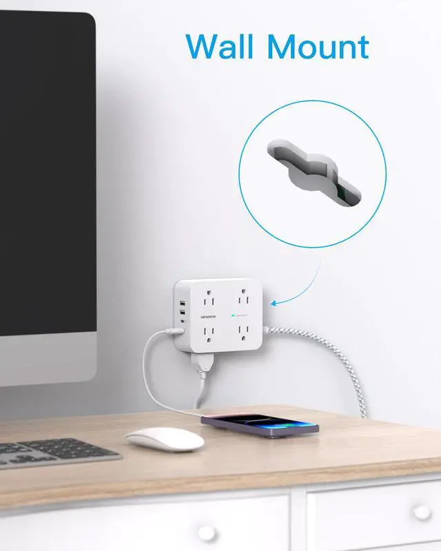 Alt view image 7 of 7 - PD 30W USB C Power Strip Surge Protecor, HANYCONY 8 Outlets 4 USB(2 USB C Ports), 1080J Desk Charging Station for Multiple Devices, 6 Ft Flat Plug Extension Cord for College Dorm Room Essentials