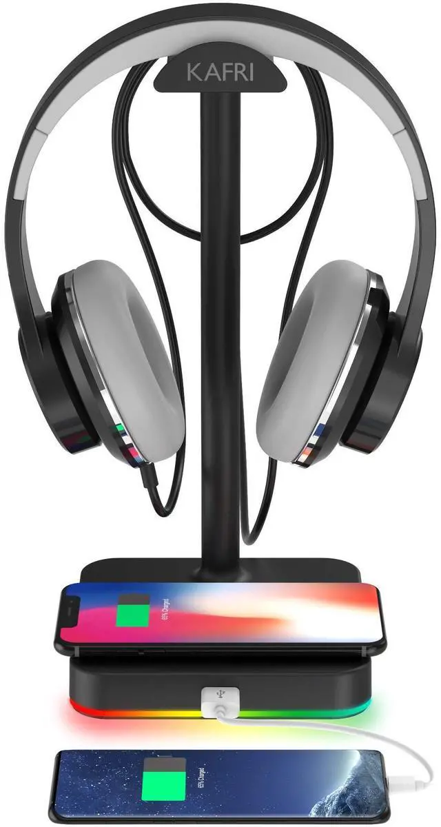 Main image of RGB Headphone Stand with Wireless Charger Desk Gaming Headset Holder Hanger Rack with 10W/7.5W QI Charging Pad and QC 3.0 USB Port - Suitable for Gamer Desktop Table Game Earphone Accessories