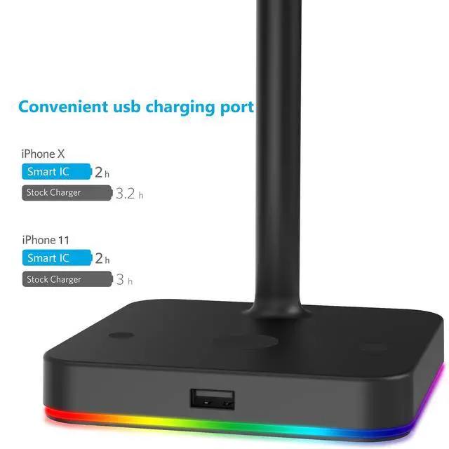 Alt view image 4 of 7 - RGB Headphone Stand with Wireless Charger Desk Gaming Headset Holder Hanger Rack with 10W/7.5W QI Charging Pad and QC 3.0 USB Port - Suitable for Gamer Desktop Table Game Earphone Accessories