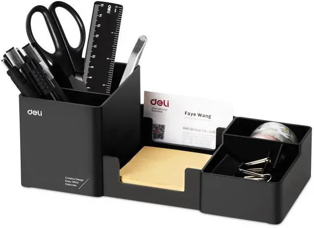 Main image of Desk Organizer, Plastic Desktop Organizer with Pencil Holder and Sticky Note Tray, Office Stationery Supplies Organizers Accessories Caddy, 6 Compartments, Black