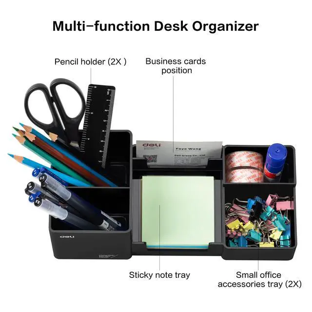 Alt view image 3 of 7 - Desk Organizer, Plastic Desktop Organizer with Pencil Holder and Sticky Note Tray, Office Stationery Supplies Organizers Accessories Caddy, 6 Compartments, Black