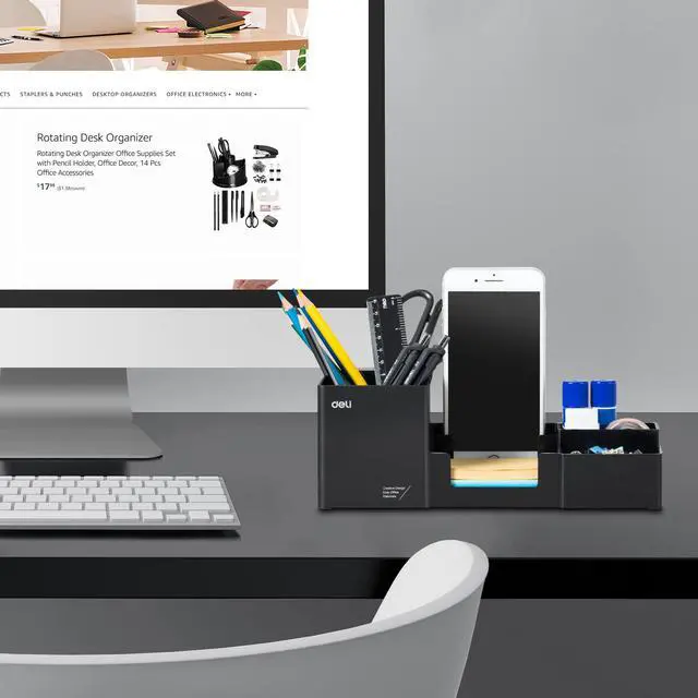 Alt view image 2 of 7 - Desk Organizer, Plastic Desktop Organizer with Pencil Holder and Sticky Note Tray, Office Stationery Supplies Organizers Accessories Caddy, 6 Compartments, Black