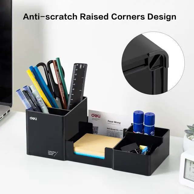 Alt view image 4 of 7 - Desk Organizer, Plastic Desktop Organizer with Pencil Holder and Sticky Note Tray, Office Stationery Supplies Organizers Accessories Caddy, 6 Compartments, Black