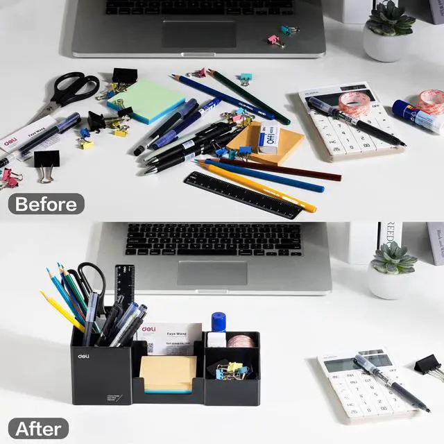 Alt view image 6 of 7 - Desk Organizer, Plastic Desktop Organizer with Pencil Holder and Sticky Note Tray, Office Stationery Supplies Organizers Accessories Caddy, 6 Compartments, Black