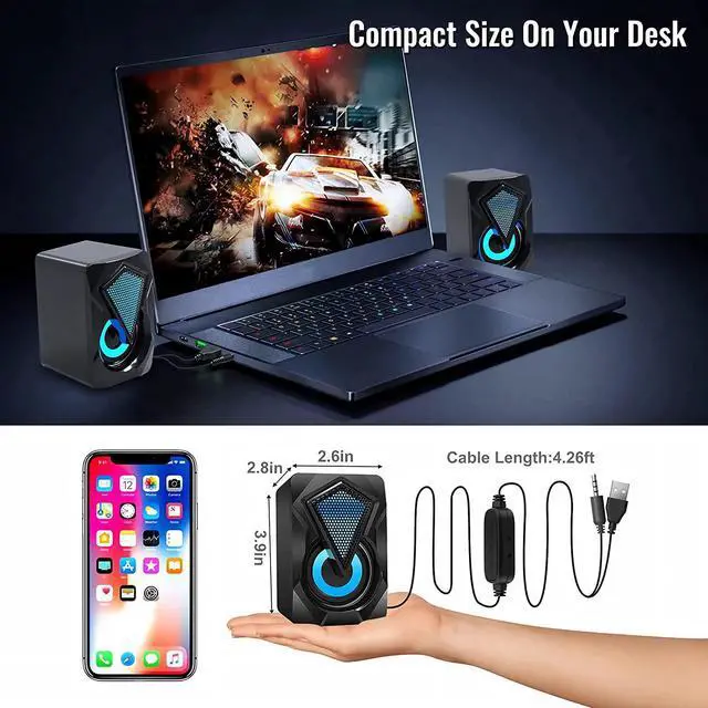 Alt view image 7 of 7 - Computer Speakers X2 Wired PC Speaker 2.0 USB Gaming Powered Stereo Mini Multimedia Volume Control with RGB Lights 3.5mm Aux Input for Phone Tablets Desktop Laptop