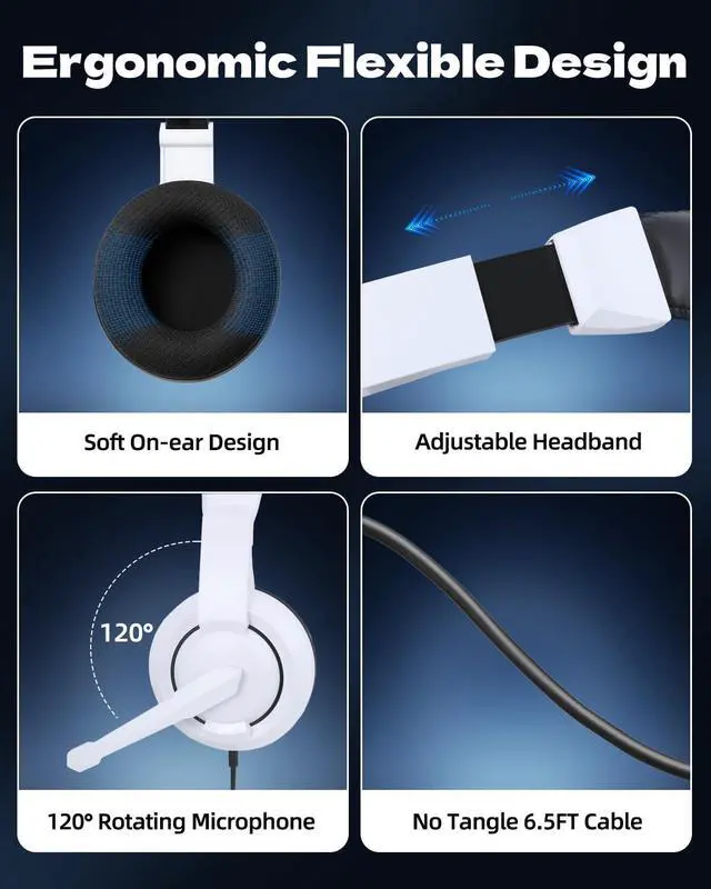 Alt view image 2 of 7 - L02 Wired Headset, 3.5mm Stereo Headphones with Noise Canceling Microphone & Volume Controls, On-Ear Computer Headset for School/Office/Online/Gaming (White)