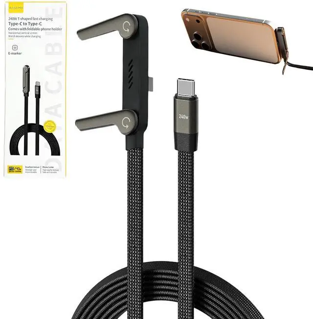 Main image of 240W USB C to USB C Cable with Adjustable Phone Stand, 90° Right Angle Fast Charging Cord, Braided PD 3.1 Charger Cable for iPhone 15, Samsung Galaxy, iPad, MacBook, Steam Deck (1 Pcs)