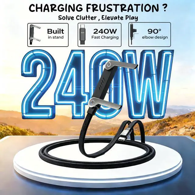 Alt view image 2 of 7 - 240W USB C to USB C Cable with Adjustable Phone Stand, 90° Right Angle Fast Charging Cord, Braided PD 3.1 Charger Cable for iPhone 15, Samsung Galaxy, iPad, MacBook, Steam Deck (1 Pcs)