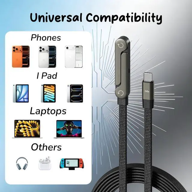 Alt view image 5 of 7 - 240W USB C to USB C Cable with Adjustable Phone Stand, 90° Right Angle Fast Charging Cord, Braided PD 3.1 Charger Cable for iPhone 15, Samsung Galaxy, iPad, MacBook, Steam Deck (1 Pcs)