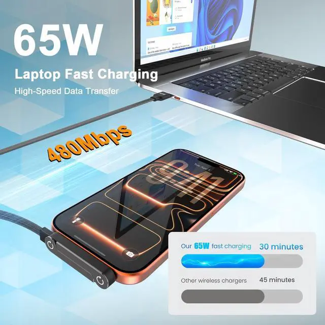 Alt view image 2 of 7 - 65W USB A to USB C Cable with Foldable Stand,5FT Sideways Invisible Charging Cord,90 Degree Right Angle Braided Gaming Fast Charger Cable Compatible with iPhone 17 16 15 ,MacBook,iPad,Galaxy S26 S25