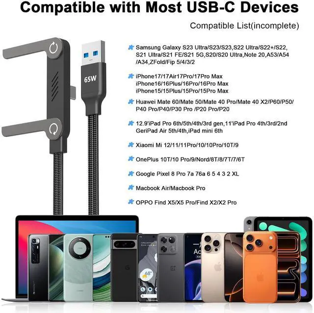 Alt view image 5 of 7 - 65W USB A to USB C Cable with Foldable Stand,5FT Sideways Invisible Charging Cord,90 Degree Right Angle Braided Gaming Fast Charger Cable Compatible with iPhone 17 16 15 ,MacBook,iPad,Galaxy S26 S25