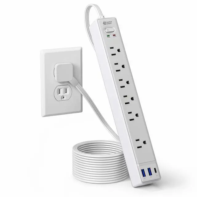 Main image of Flat Plug Surge Protector Power Strip, 6ft Ultra Thin Extension Cord with 3 USB, SUPERDANNY 6 Outlets Charging Station, Wall Mountable Outlet Extender for Home Office, College Dorm Room