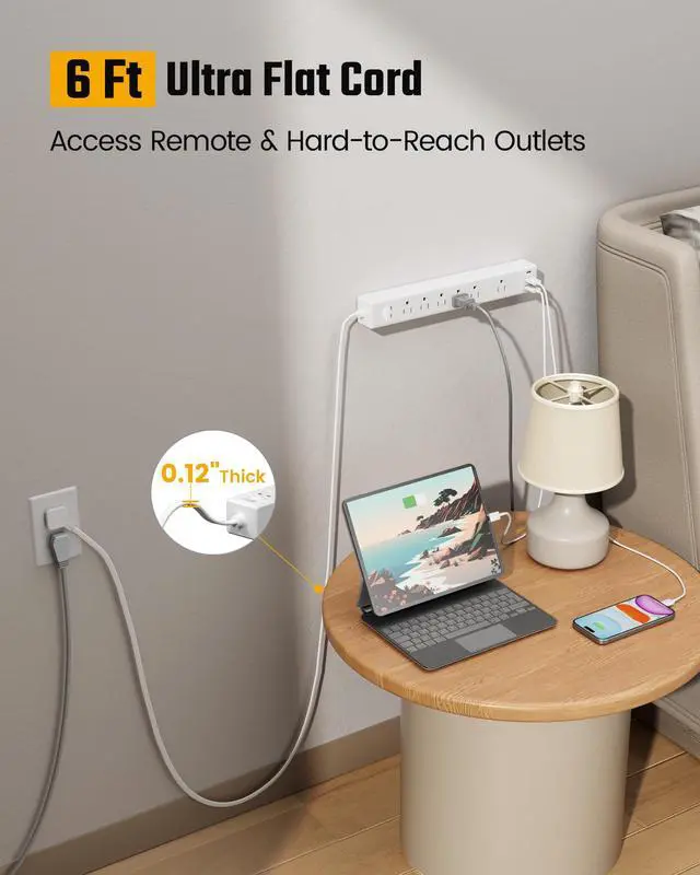 Alt view image 4 of 7 - Flat Plug Surge Protector Power Strip, 6ft Ultra Thin Extension Cord with 3 USB, SUPERDANNY 6 Outlets Charging Station, Wall Mountable Outlet Extender for Home Office, College Dorm Room