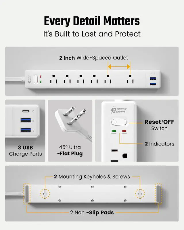 Alt view image 7 of 7 - Flat Plug Surge Protector Power Strip, 6ft Ultra Thin Extension Cord with 3 USB, SUPERDANNY 6 Outlets Charging Station, Wall Mountable Outlet Extender for Home Office, College Dorm Room