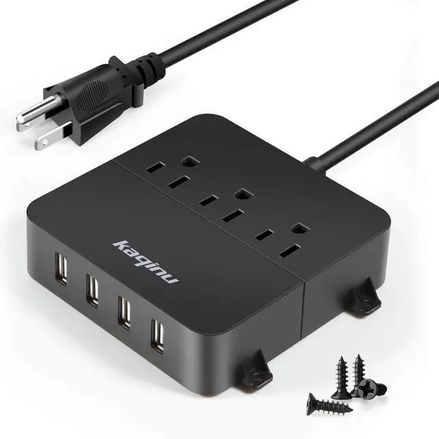 Main image of Power Strip with USB - Wall Mountable Power Strip with 4 USB Ports & 3 Outlets with On/Off Switch & 5ft Extension Cord for Cruise Ship, Travel, Hotel, Office (Black)