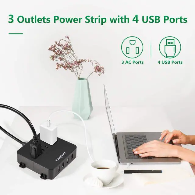 Alt view image 2 of 7 - Power Strip with USB - Wall Mountable Power Strip with 4 USB Ports & 3 Outlets with On/Off Switch & 5ft Extension Cord for Cruise Ship, Travel, Hotel, Office (Black)