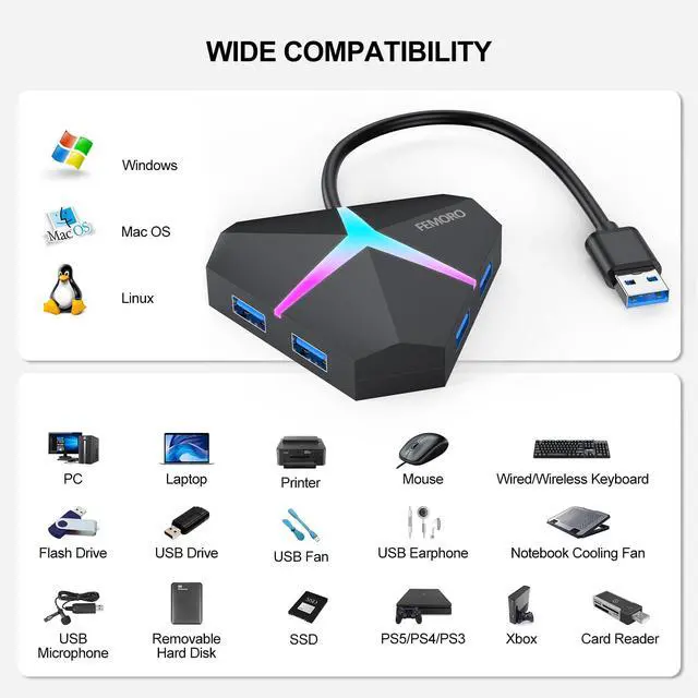 Alt view image 5 of 7 - Multi USB Port Hub, 5Gbps High Speed Data Transfer USB 3.0 Multiport Adapter Expander 4 Port, Extra USB Ports Extender for Laptop Mac Computer PC Desktop PS5