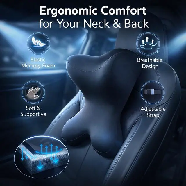 Alt view image 2 of 7 - Car Headrest PillowNeck Support for Office Chair,100% Memory Foam Car Neck Pillow - Ergonomic Neck Support with Adjustable Double Strap, Breathable Comfort for Car, Gaming & Office Chairs