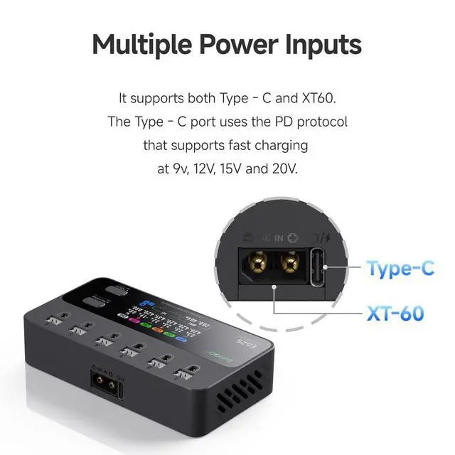 Alt view image 4 of 7 - E625 6-Channel 1S LiHV/LiPo Battery IPS Screen Smart Charger/Discharger, Type-C/XT60 PD Powered with BT2.0/PH2.0 Ports, Features 4.35V 2.5A Fast Charging for Tiny Whoop FPV Drones RC Batteries