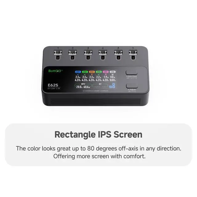 Alt view image 6 of 7 - E625 6-Channel 1S LiHV/LiPo Battery IPS Screen Smart Charger/Discharger, Type-C/XT60 PD Powered with BT2.0/PH2.0 Ports, Features 4.35V 2.5A Fast Charging for Tiny Whoop FPV Drones RC Batteries
