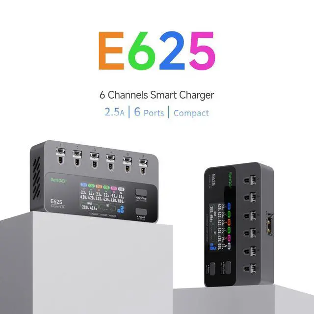 Alt view image 7 of 7 - E625 6-Channel 1S LiHV/LiPo Battery IPS Screen Smart Charger/Discharger, Type-C/XT60 PD Powered with BT2.0/PH2.0 Ports, Features 4.35V 2.5A Fast Charging for Tiny Whoop FPV Drones RC Batteries