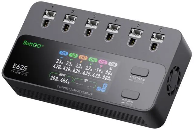 Main image of E625 6-Channel 1S LiHV/LiPo Battery IPS Screen Smart Charger/Discharger, Type-C/XT60 PD Powered with BT2.0/PH2.0 Ports, Features 4.35V 2.5A Fast Charging for Tiny Whoop FPV Drones RC Batteries