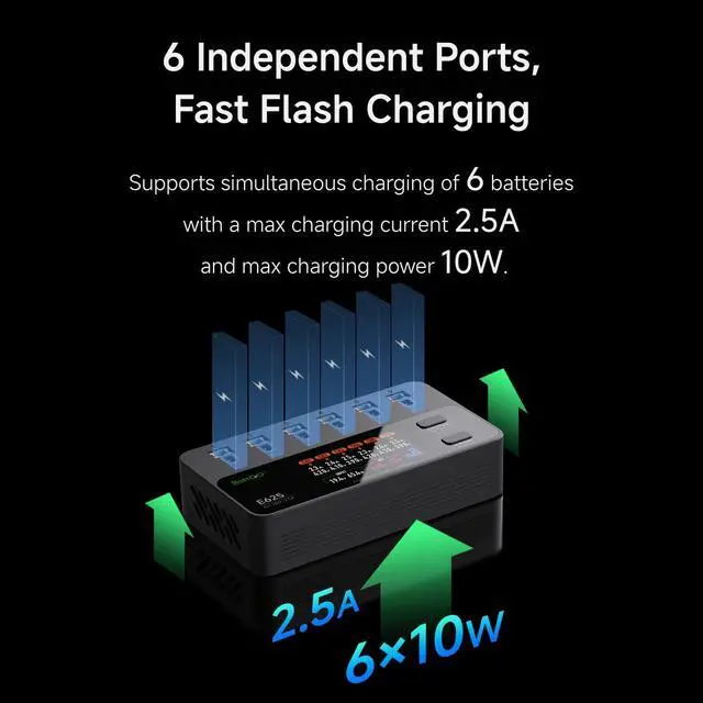 Alt view image 3 of 7 - E625 6-Channel 1S LiHV/LiPo Battery IPS Screen Smart Charger/Discharger, Type-C/XT60 PD Powered with BT2.0/PH2.0 Ports, Features 4.35V 2.5A Fast Charging for Tiny Whoop FPV Drones RC Batteries