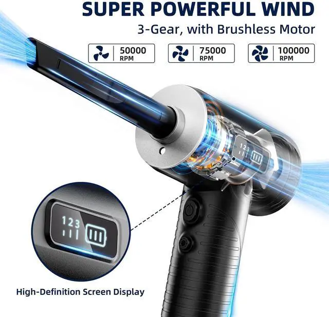 Alt view image 5 of 7 - Compressed Air Duster & Vacuum Cleaner-3 Gear Adjustable 100000RPM Handheld Car Vacuum/Air Blower,Electric Air Duster with LED Light for Keyboard Electric Devices Cleaning.Replaces Compressed Air Cans