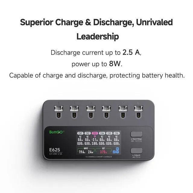 Alt view image 5 of 7 - E625 6-Channel 1S LiHV/LiPo Battery IPS Screen Smart Charger/Discharger, Type-C/XT60 PD Powered with BT2.0/PH2.0 Ports, Features 4.35V 2.5A Fast Charging for Tiny Whoop FPV Drones RC Batteries