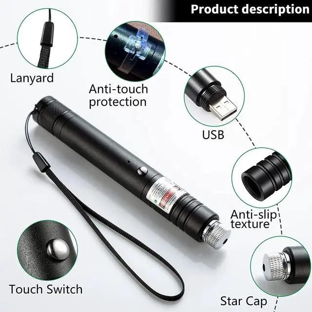 Alt view image 6 of 6 - Laser Pointer, Tactical Flashlights 2000 Metres Green Long Range High Power Handheld Flashlight, Rechargeable Laser Pointer for USB, with Star Cap Adjustable Focus Suitable for Projecto