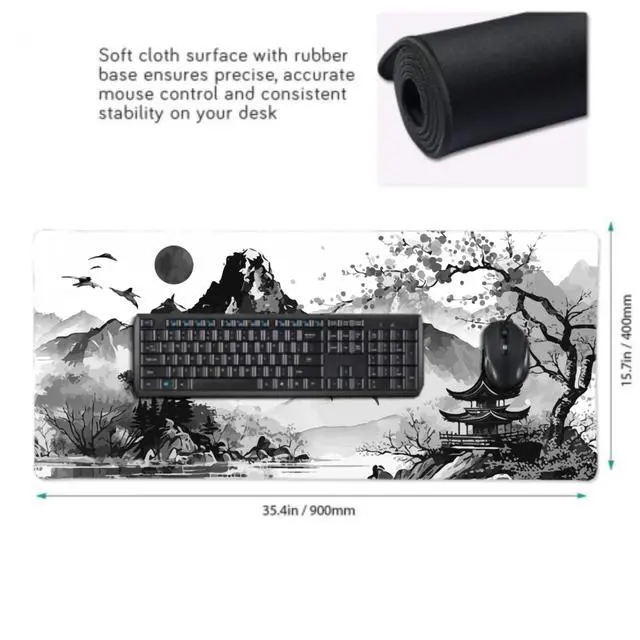 Alt view image 2 of 6 - Black White Japanese Watercolor Cherry Blossom Gaming Mouse Pad 35.4x15.7 XXL Extended Mousepad Large Keyboard Mouse Mat Desk Pad with Non-Slip Rubber Base Stitched Edges for Home Office Game