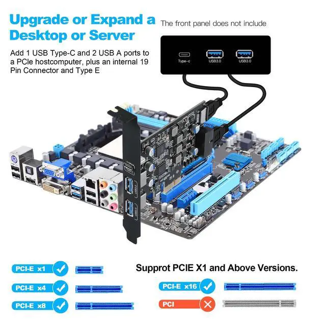Alt view image 3 of 7 - USB 3.0 PCIe Expansion Card, 5-Port (2X USB-A + 1x USB-C + Type-E + 19-pin Header) PCI Express Card with UASP Support, Plug and Play for Windows 11/10/8/Linux, Includes Low-Profile Bracket