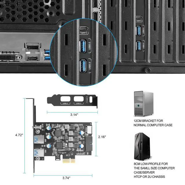 Alt view image 5 of 7 - USB 3.0 PCIe Expansion Card, 5-Port (2X USB-A + 1x USB-C + Type-E + 19-pin Header) PCI Express Card with UASP Support, Plug and Play for Windows 11/10/8/Linux, Includes Low-Profile Bracket