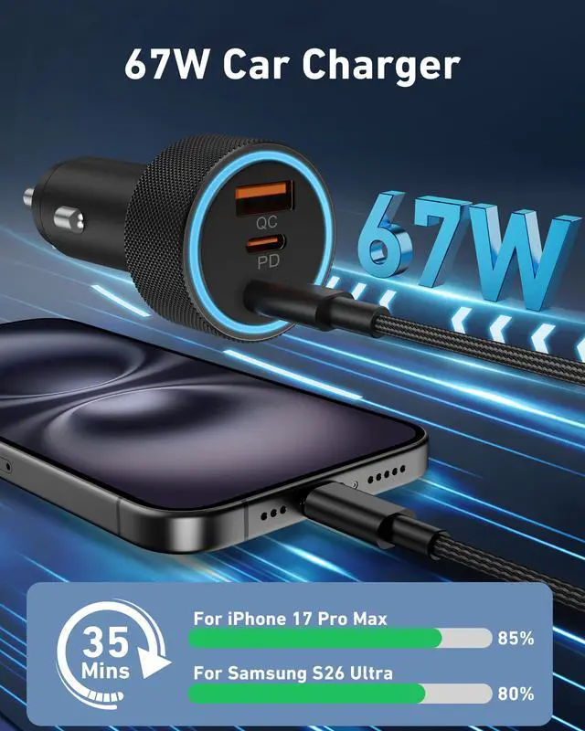 Alt view image 2 of 6 - 67W USB C Car Charger Super Fast Charging, 2Pack 3-Port 12-24V Car Accessories Phone Cigarette Lighter Adapter with USB C PD&QC 3.0 Fast Charger for iPhone 17 16 15 14 13 12 11 Pro Max, iPad, Galaxy
