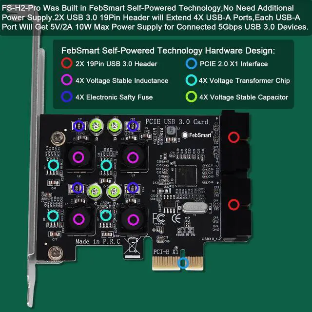 Alt view image 3 of 7 - 2X 19Pin USB 3.0 Header Ports PCIE USB 3.0 5Gbps Expansion Card for Windows and Linux Desktop PCs, Built in FebSmart Self-Powered Technology, No Need Additional Power Supply (FS-H2-Pro)