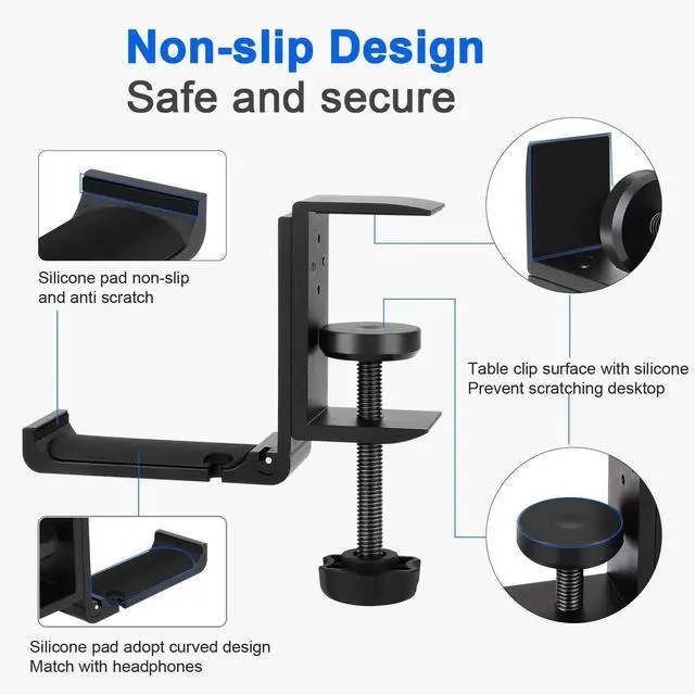 Alt view image 2 of 6 - Aluminum Headphone Stand Hanger Foldable with Cable Clip Headset Holder Clamp Hook Under Desk, Save Your Space While Working & Gaming