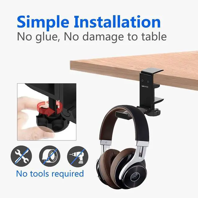 Main image of Aluminum Headphone Stand Hanger Foldable with Cable Clip Headset Holder Clamp Hook Under Desk, Save Your Space While Working & Gaming